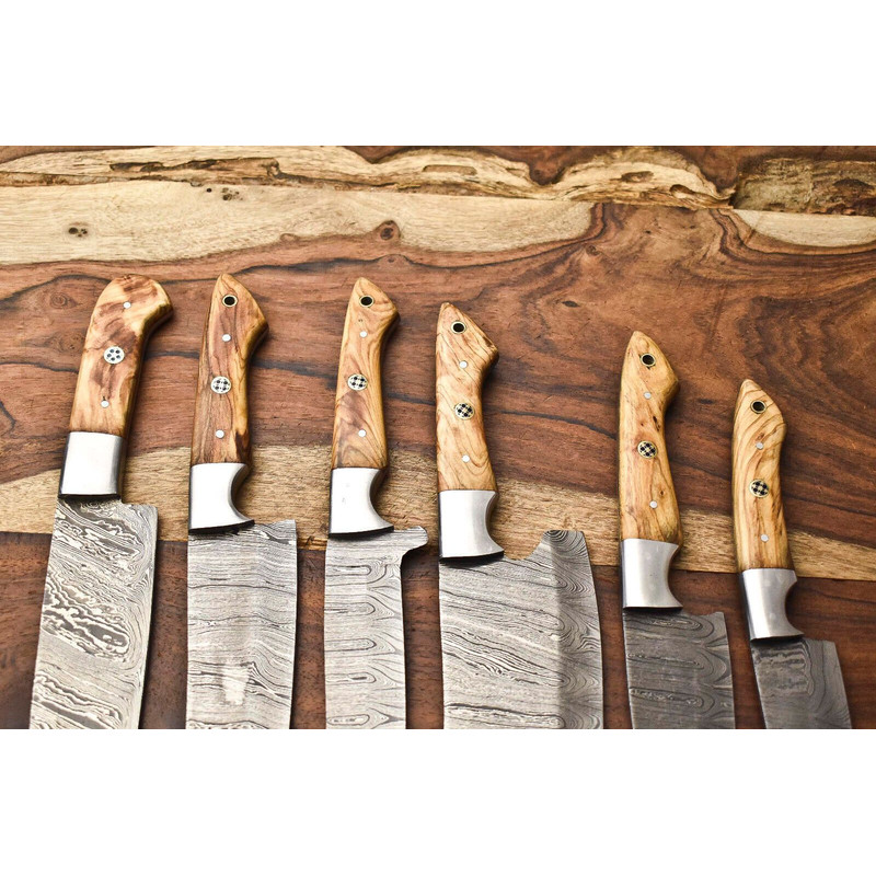 Custom Lot Of 6 Handmade Hammered Damascus Steel Chef Knives Set Full Tang Razor Sharp Blades 2