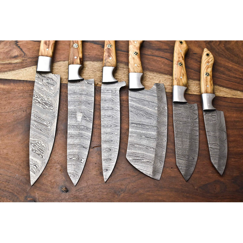Custom Lot Of 6 Handmade Hammered Damascus Steel Chef Knives Set Full Tang Razor Sharp Blades 3