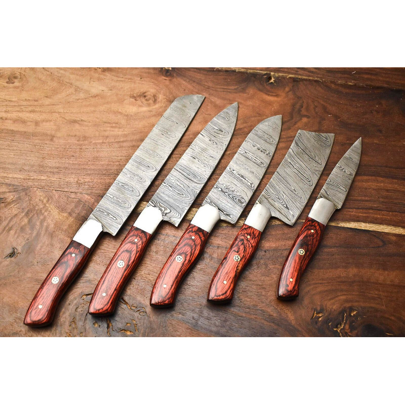 Lot Of 5 Handmade Damascus Steel Chef Knives Set Hammered Full Tang Blades Razor Sharp 0