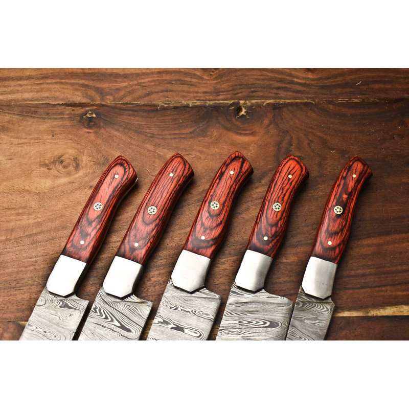 Lot Of 5 Handmade Damascus Steel Chef Knives Set Hammered Full Tang Blades Razor Sharp 1