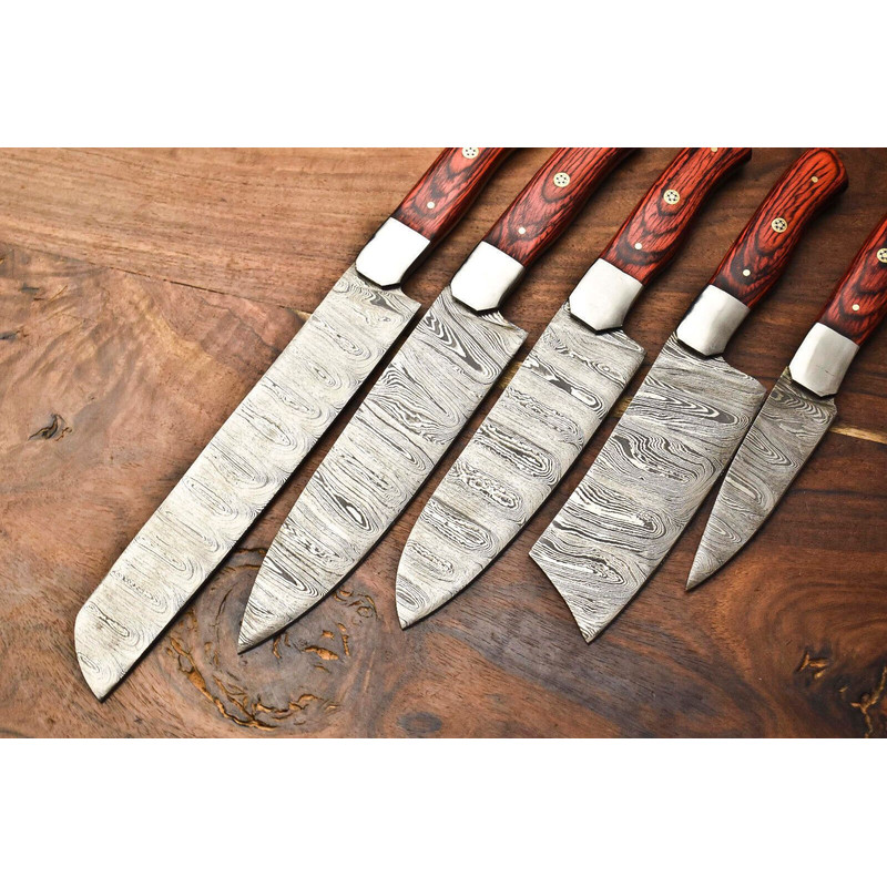 Lot Of 5 Handmade Damascus Steel Chef Knives Set Hammered Full Tang Blades Razor Sharp 2