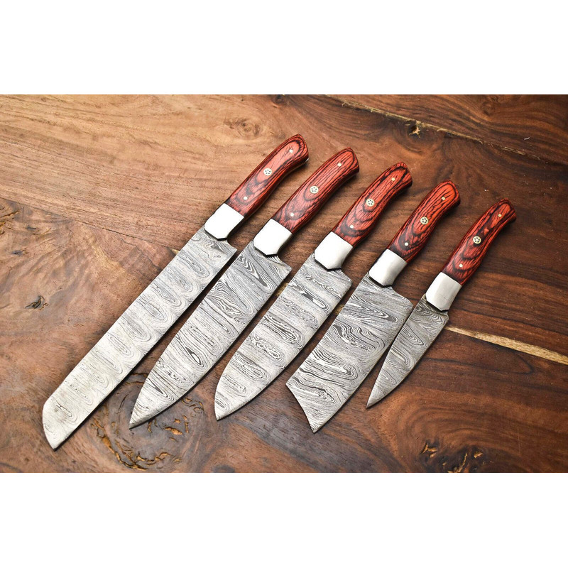 Lot Of 5 Handmade Damascus Steel Chef Knives Set Hammered Full Tang Blades Razor Sharp 3