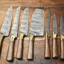 lot of 7 handmade damascus steel chef knives set | hammered full tang blades, 100% unique