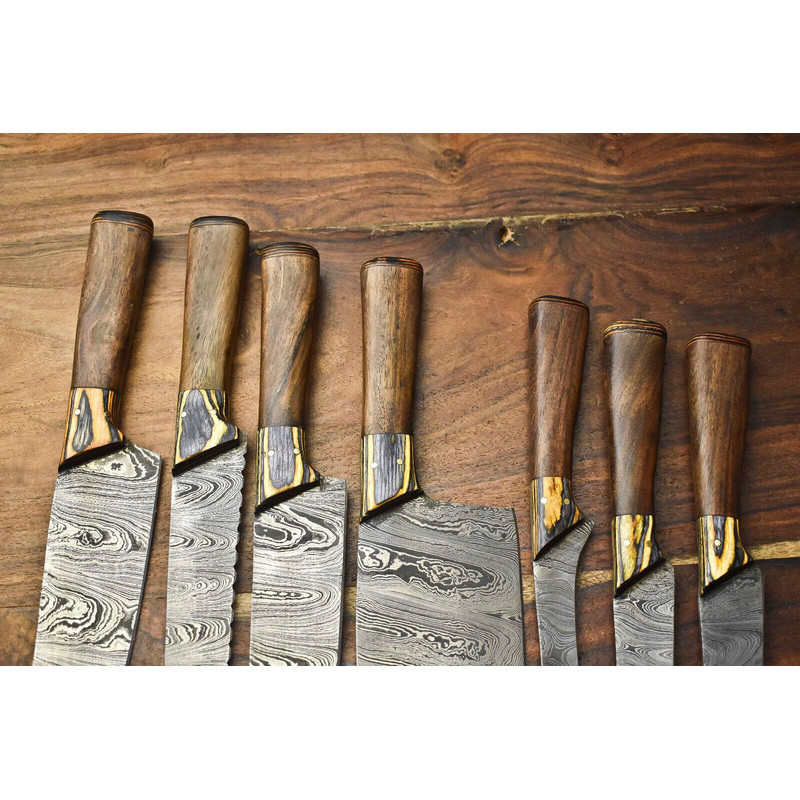 Lot Of 7 Handmade Damascus Steel Chef Knives Set Hammered Full Tang Blades 100 Unique 1