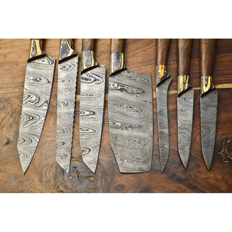Lot Of 7 Handmade Damascus Steel Chef Knives Set Hammered Full Tang Blades 100 Unique 2
