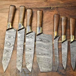 7-piece handmade damascus steel chef knife set – professional kitchen knives with leather roll & wooden handles