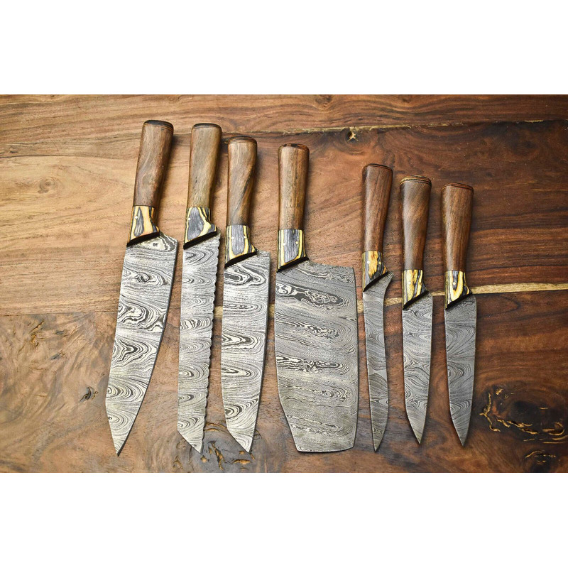 Lot Of 7 Handmade Damascus Steel Chef Knives Set Hammered Full Tang Blades 100 Unique 3