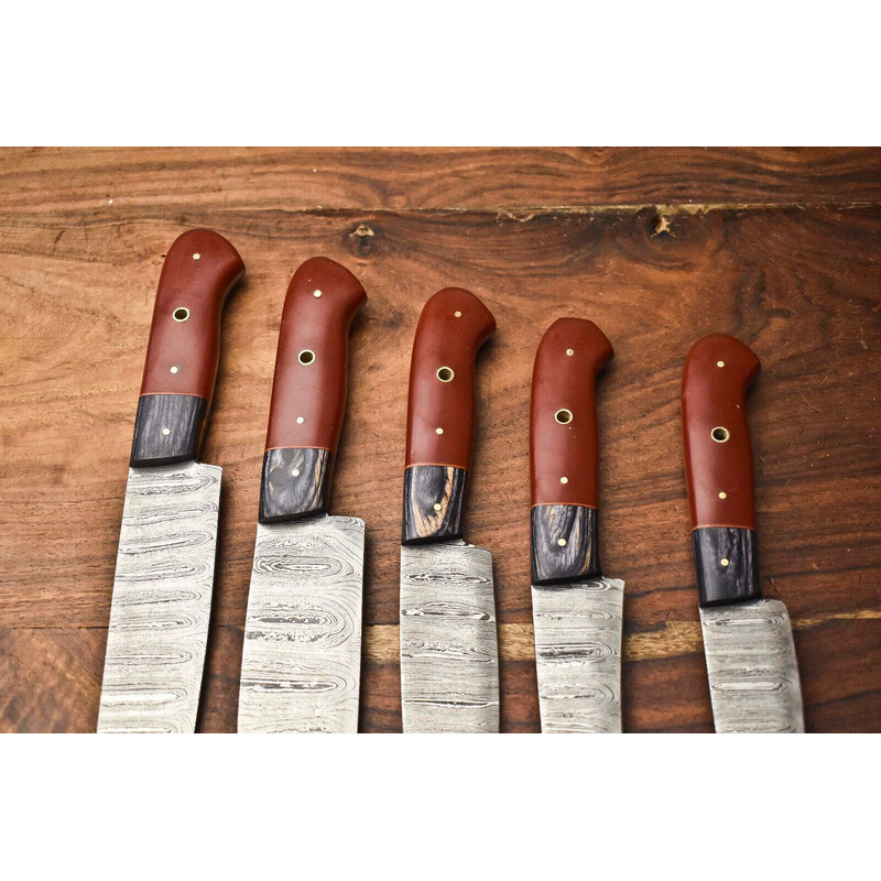 Custom Lot Of 5 Handmade Hammered Damascus Steel Chef Knives Set 1