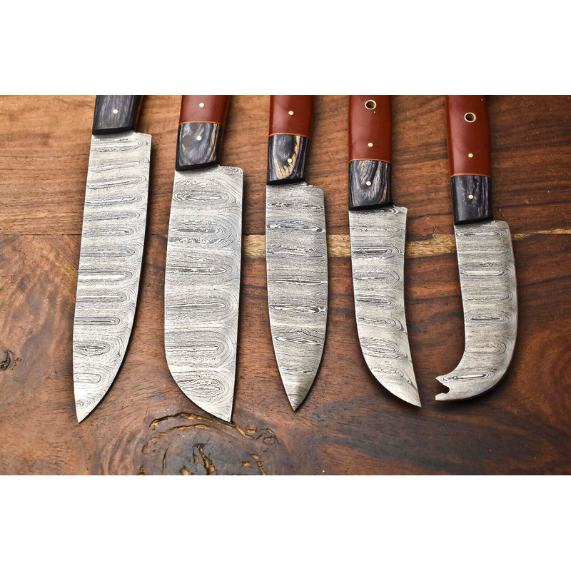 Custom Lot Of 5 Handmade Hammered Damascus Steel Chef Knives Set 2