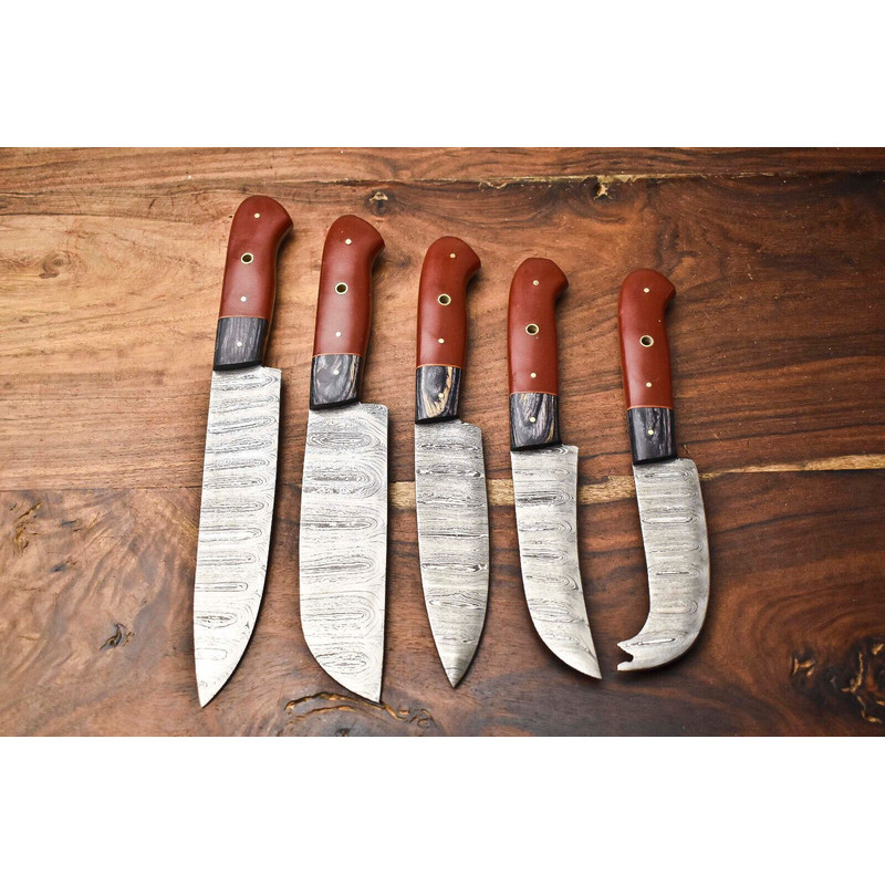 Custom Lot Of 5 Handmade Hammered Damascus Steel Chef Knives Set 3