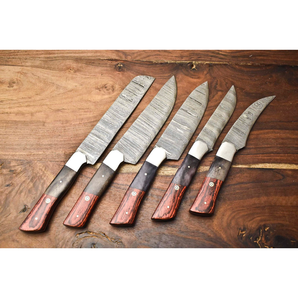 Lot Of 5 Custom Handmade Damascus Chef Knives Hammered Razor Sharp Set 0