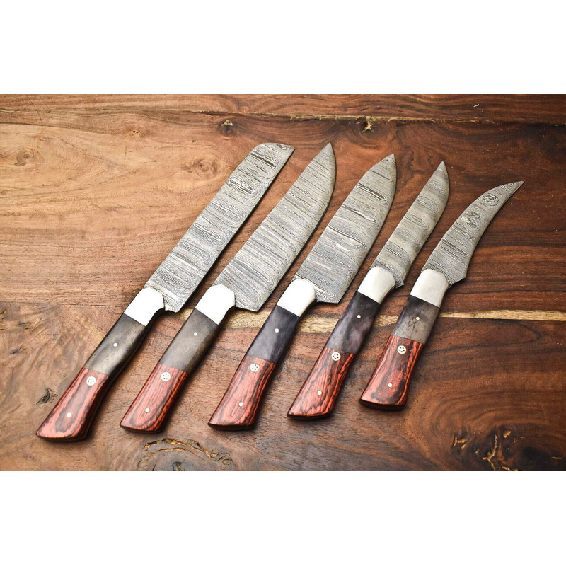 Lot Of 5 Custom Handmade Damascus Chef Knives Hammered Razor Sharp Set 0
