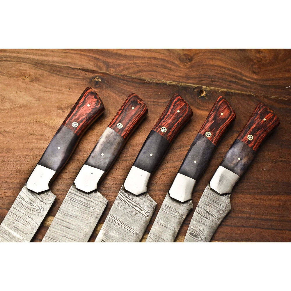 Lot Of 5 Custom Handmade Damascus Chef Knives Hammered Razor Sharp Set 1