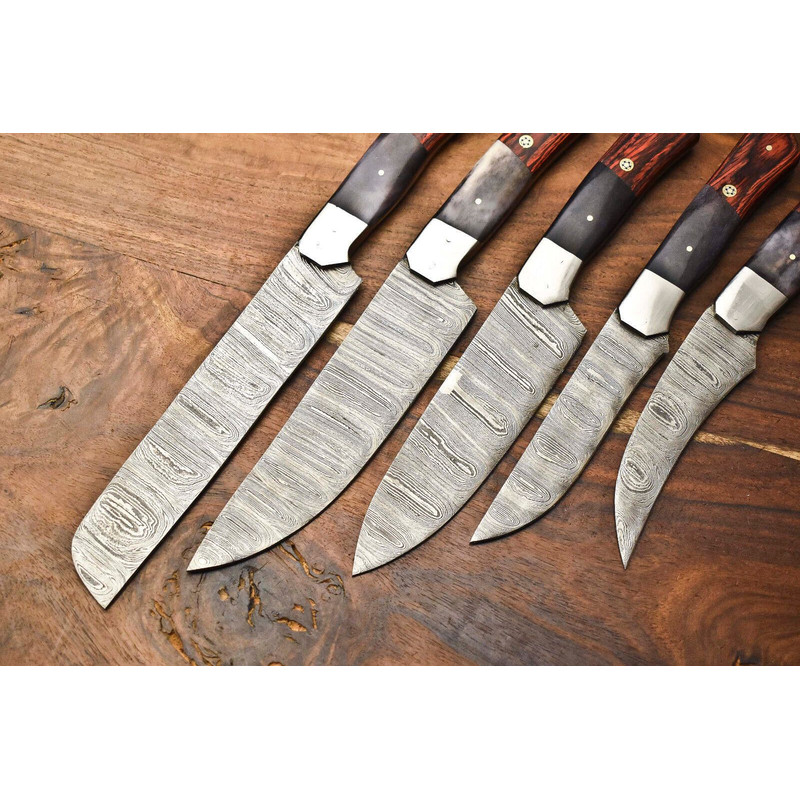 Lot Of 5 Custom Handmade Damascus Chef Knives Hammered Razor Sharp Set 2