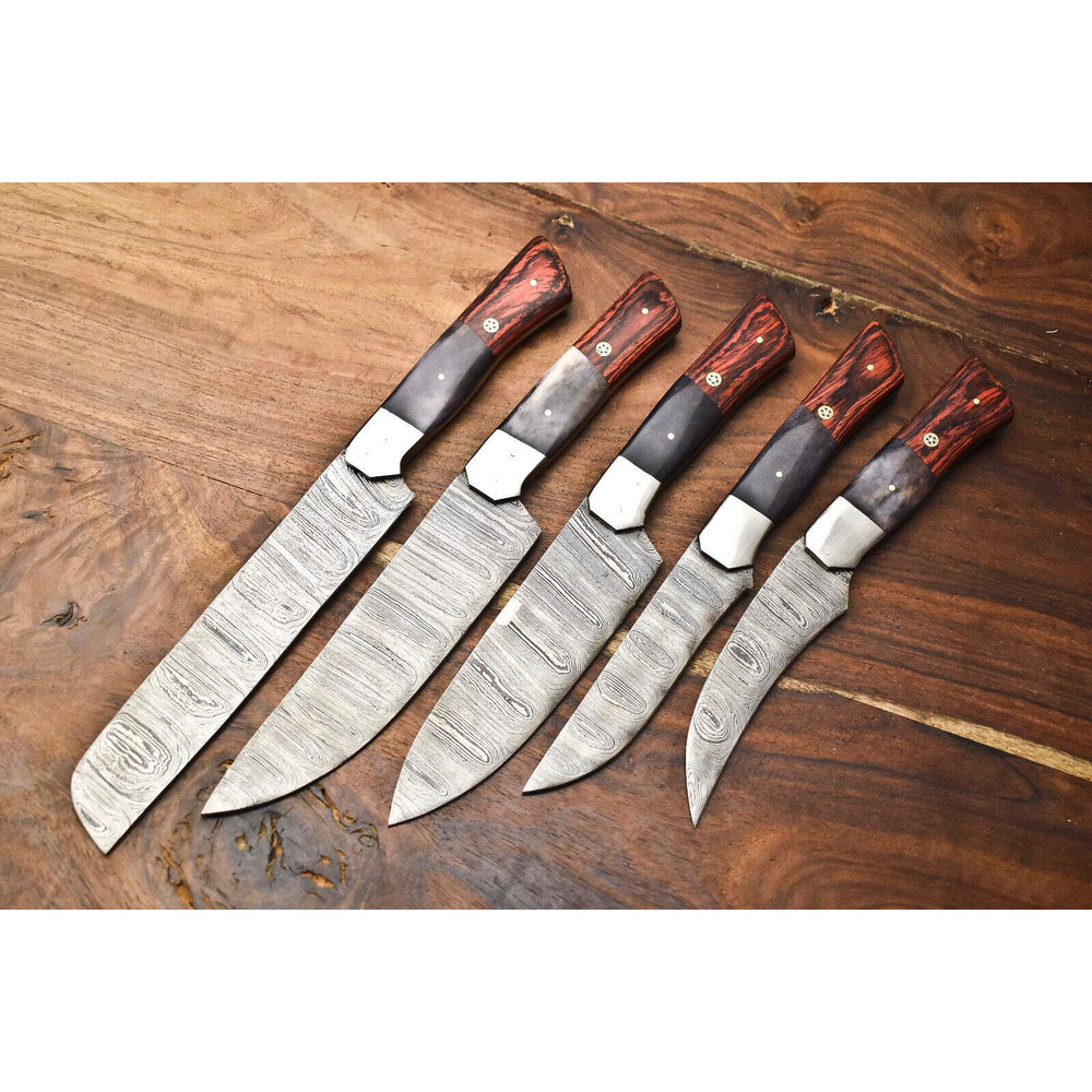 Lot Of 5 Custom Handmade Damascus Chef Knives Hammered Razor Sharp Set 3