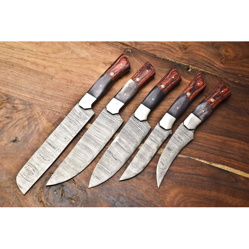 Lot Of 5 Custom Handmade Damascus Chef Knives Hammered Razor Sharp Set 3