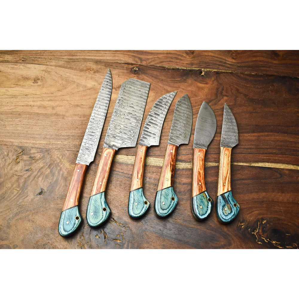 Lot Of 6 Handmade Damascus Steel Chef Knives Set Custom Hammered Full Tang Blades 1
