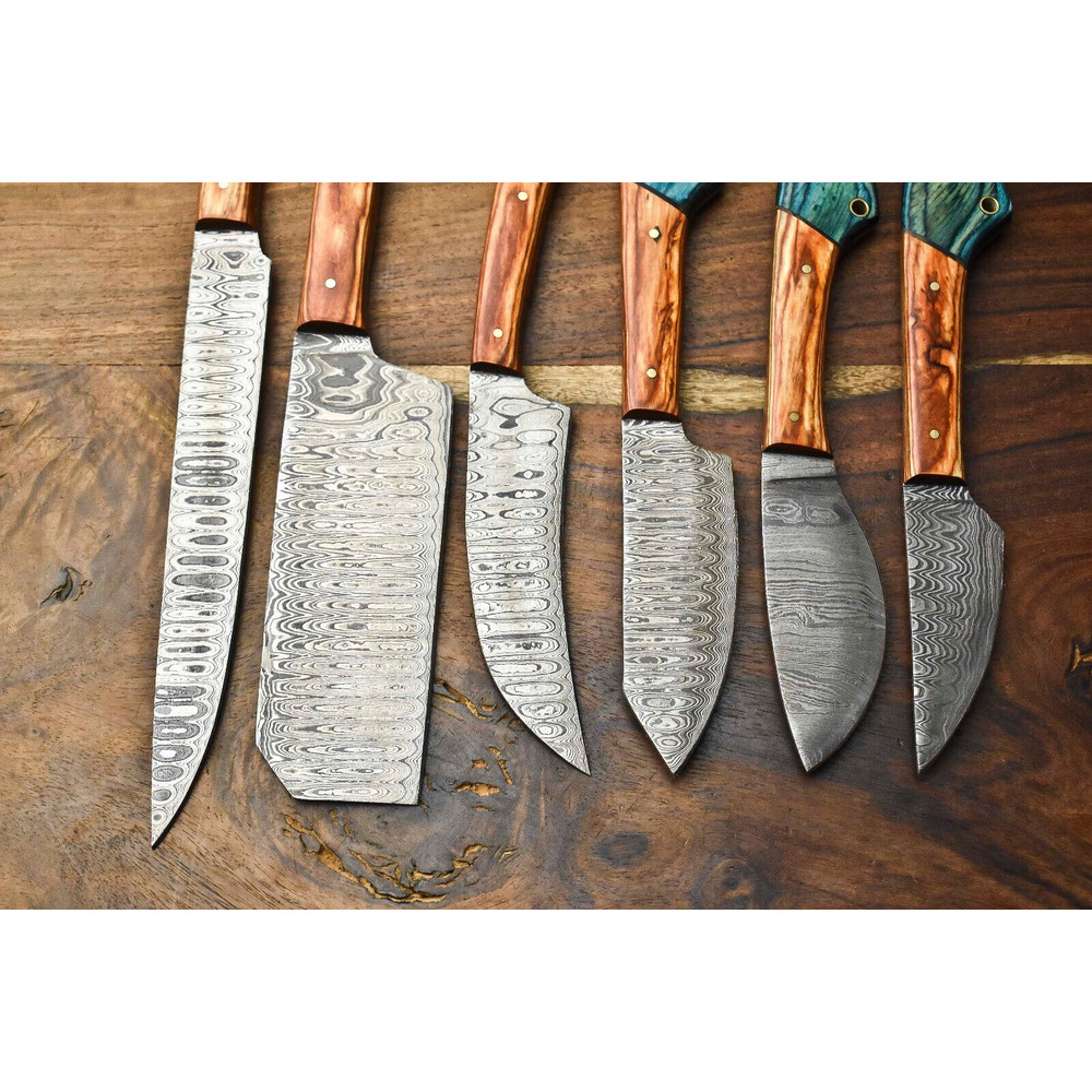 Lot Of 6 Handmade Damascus Steel Chef Knives Set Custom Hammered Full Tang Blades 3