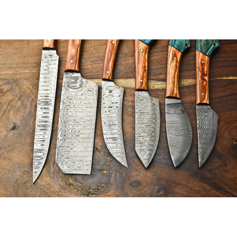 Lot Of 6 Handmade Damascus Steel Chef Knives Set Custom Hammered Full Tang Blades 3