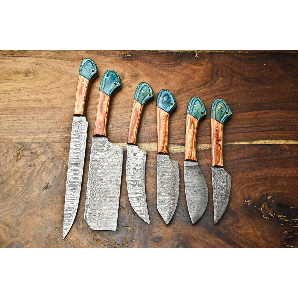 Lot Of 6 Handmade Damascus Steel Chef Knives Set Custom Hammered Full Tang Blades 0