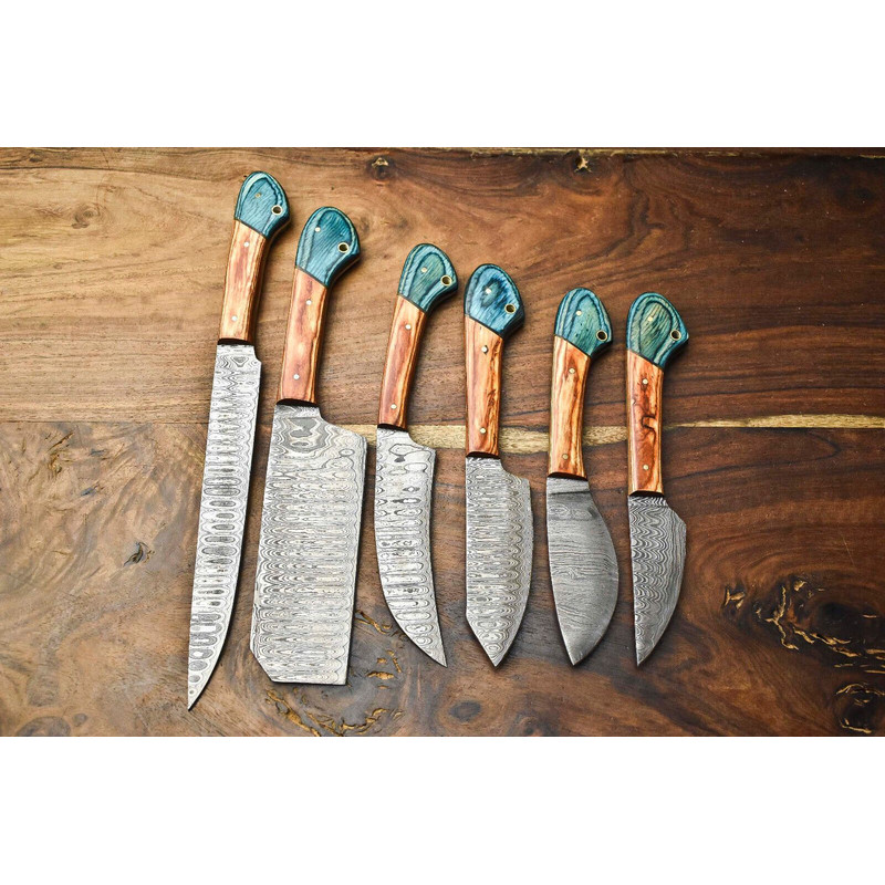 Lot Of 6 Handmade Damascus Steel Chef Knives Set Custom Hammered Full Tang Blades 0