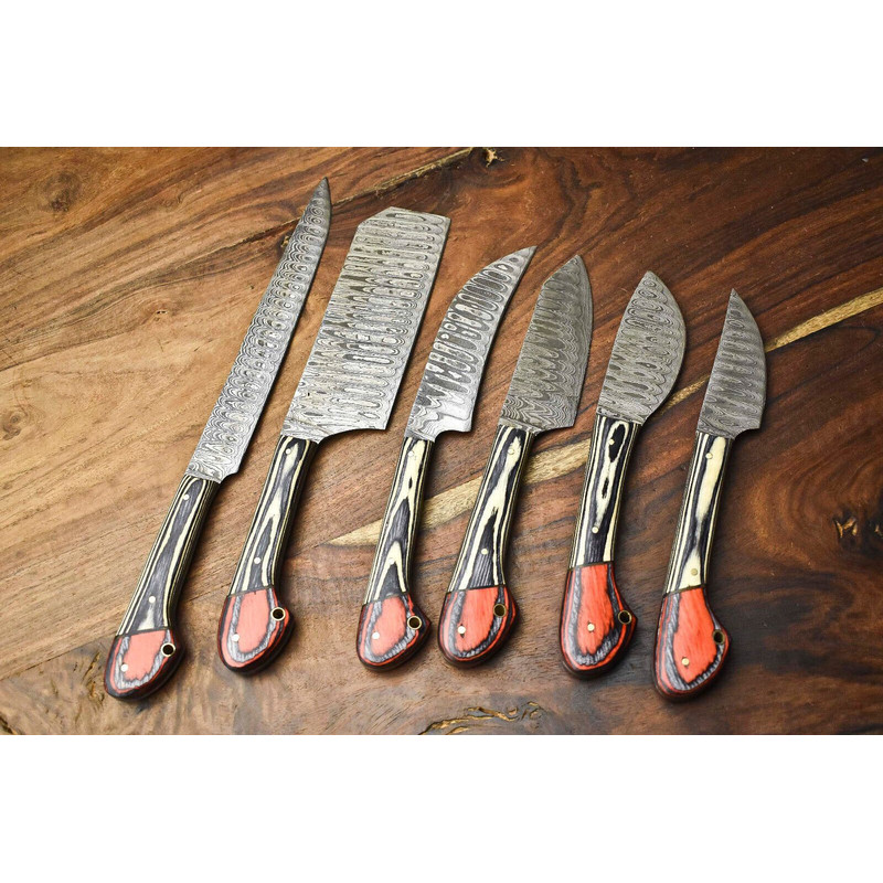 Handcrafted 6Piece Damascus Steel Chef Knives Set Custom Hammered Kitchen Blades 1