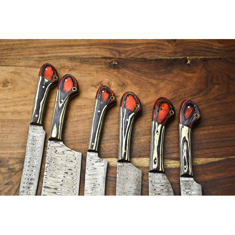 Handcrafted 6Piece Damascus Steel Chef Knives Set Custom Hammered Kitchen Blades 2