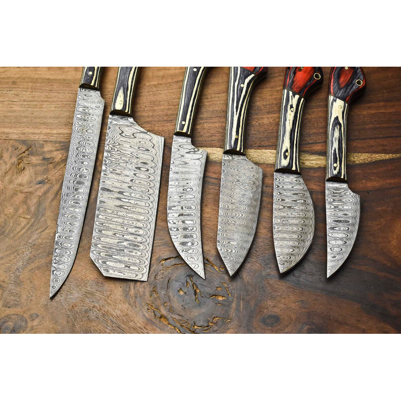 Handcrafted 6Piece Damascus Steel Chef Knives Set Custom Hammered Kitchen Blades 3