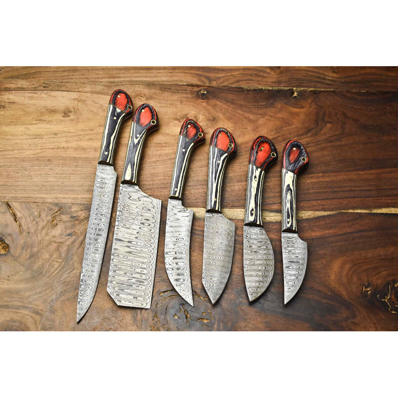 Handcrafted 6Piece Damascus Steel Chef Knives Set Custom Hammered Kitchen Blades 0
