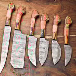 custom handmade 6 piece damascus steel kitchen knife set – razor sharp blades, unique pattern