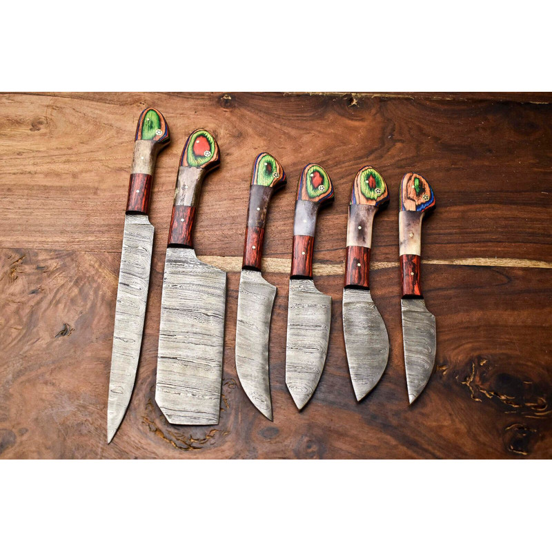 Lot Of 6 Premium Handmade Damascus Steel Kitchen Knives Professional Set 0