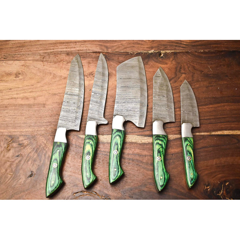 Lot Of 5 Handmade Hammered Damascus Steel Knives Custom Chef Set With Unique Blades 1