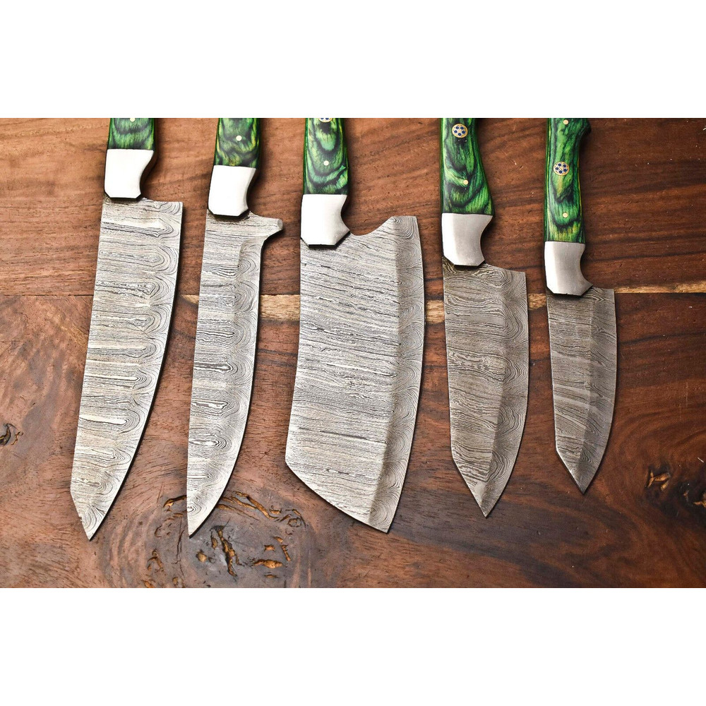 Lot Of 5 Handmade Hammered Damascus Steel Knives Custom Chef Set With Unique Blades 3