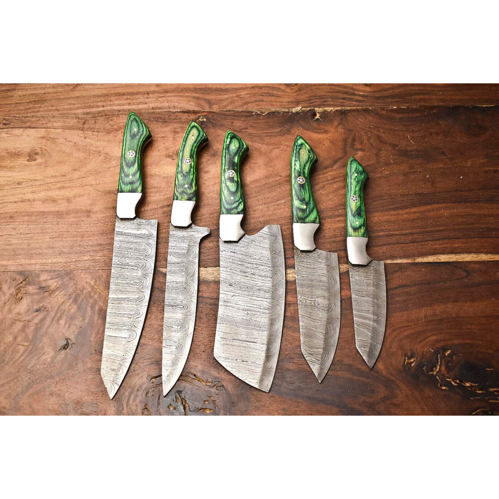 Lot Of 5 Handmade Hammered Damascus Steel Knives Custom Chef Set With Unique Blades 0