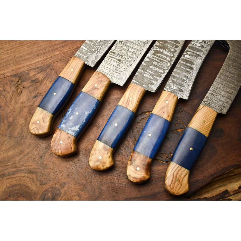 Premium 5Piece Handmade Damascus Steel Chef Knives Full Tang Hammered Blades 1