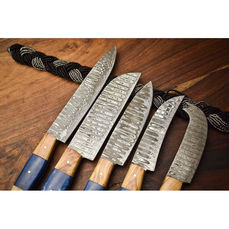 Premium 5Piece Handmade Damascus Steel Chef Knives Full Tang Hammered Blades 2
