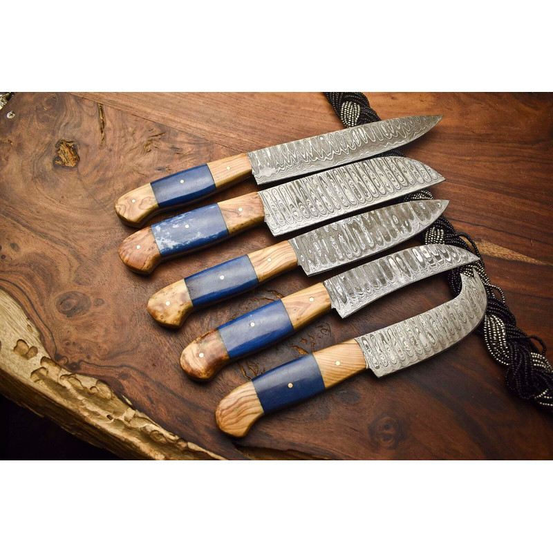 Premium 5Piece Handmade Damascus Steel Chef Knives Full Tang Hammered Blades 0