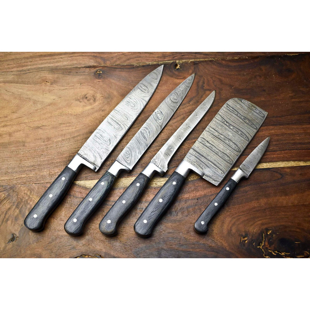 Custom Lot Of 5 Handmade Hammered Damascus Steel Blade Chef Knife Set 1