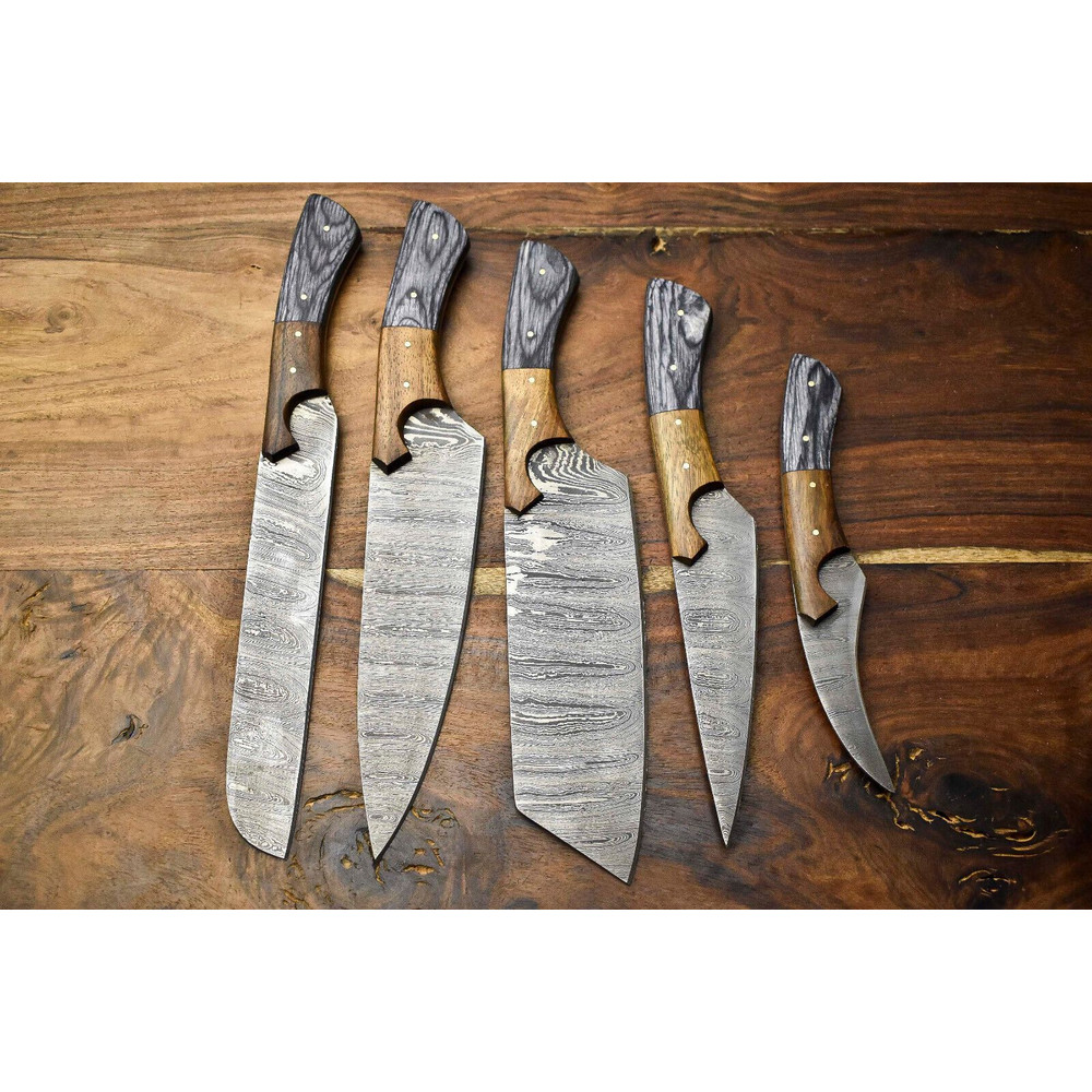 Custom Lot Of 5 Handmade Hammered Damascus Steel Chef Knife Set Professional Handmade Kitchen Kniv