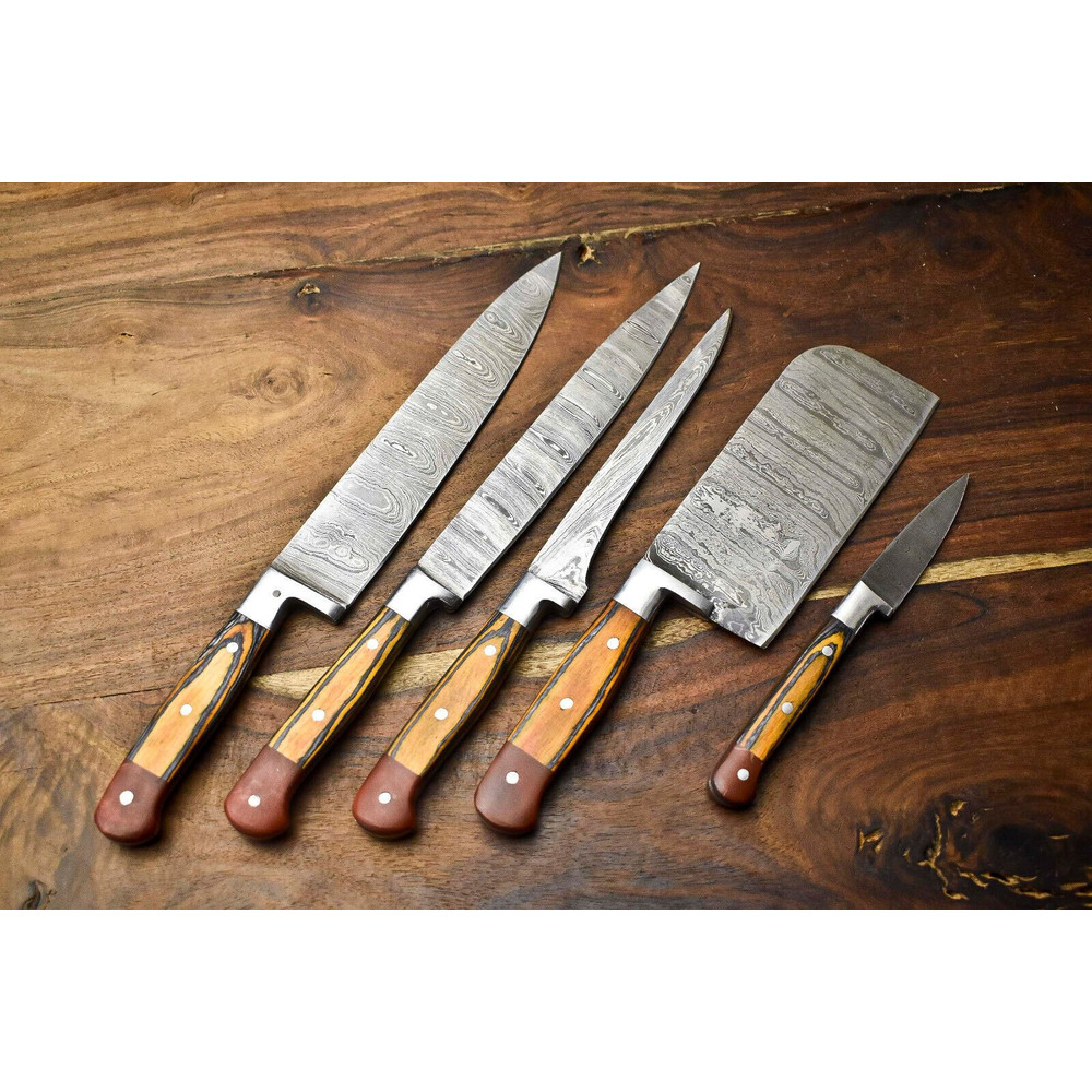 Hammered Damascus Steel Chef Knives Lot Of 5 Professional Handmade Set 0