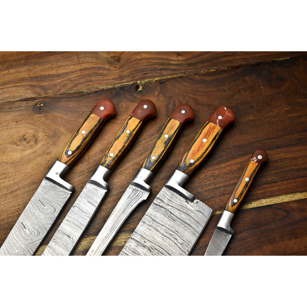 Hammered Damascus Steel Chef Knives Lot Of 5 Professional Handmade Set 3