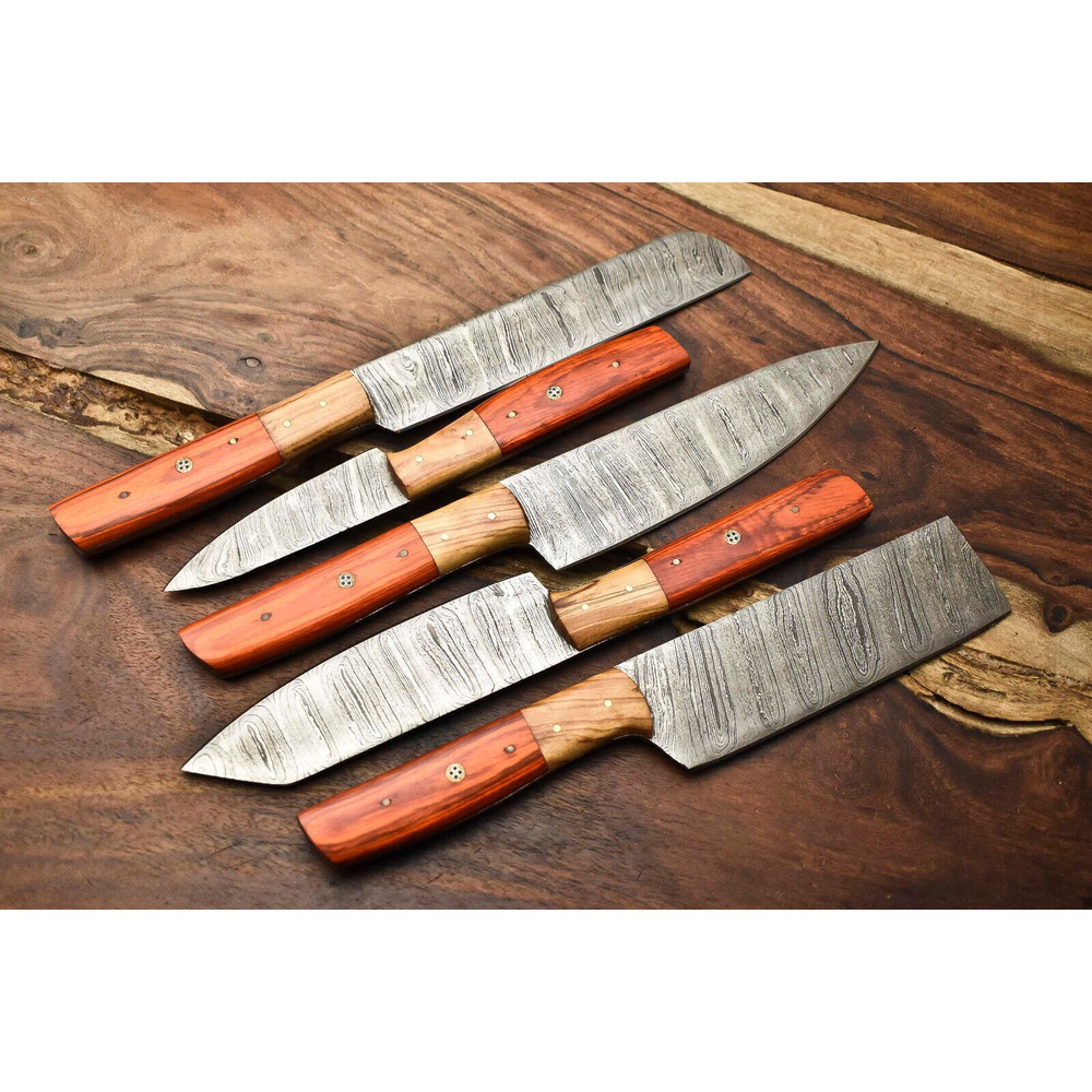Lot Of 5 Handmade Damascus Steel Chef Knife Set With Leather Sheath Custom Hammered Kitchen Knives 0