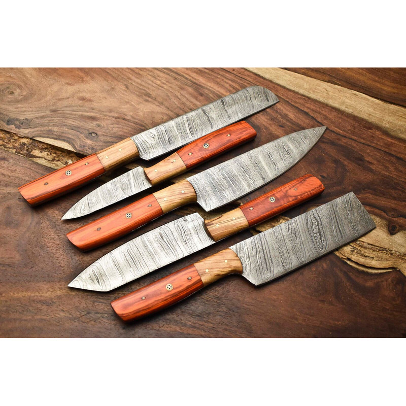 Lot Of 5 Handmade Damascus Steel Chef Knife Set With Leather Sheath Custom Hammered Kitchen Knives 0