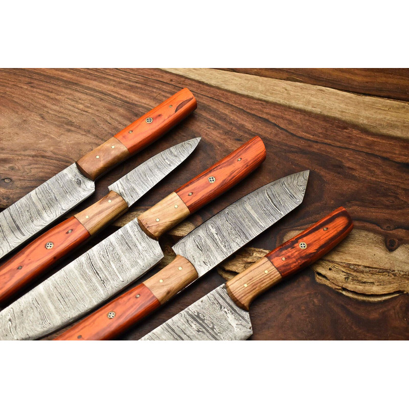 Lot Of 5 Handmade Damascus Steel Chef Knife Set With Leather Sheath Custom Hammered Kitchen Knives 1