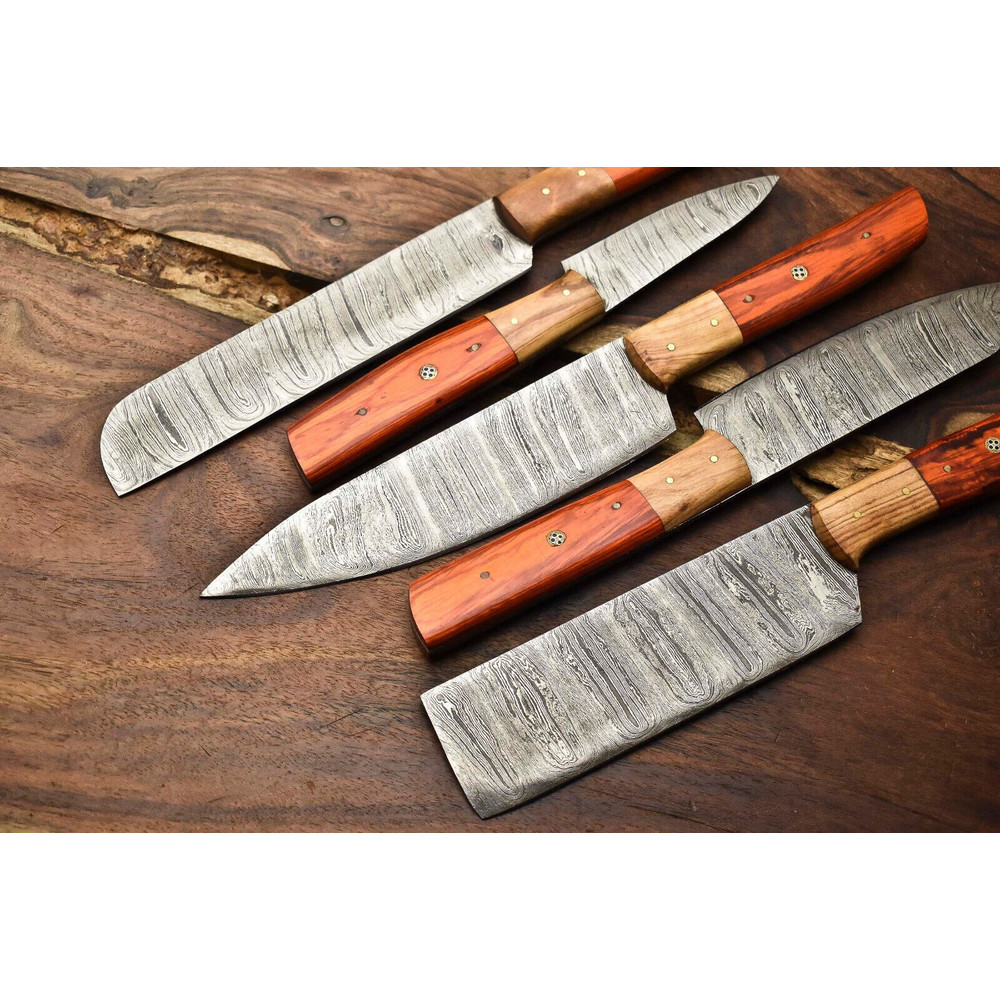 Lot Of 5 Handmade Damascus Steel Chef Knife Set With Leather Sheath Custom Hammered Kitchen Knives 2