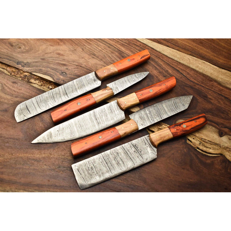Lot Of 5 Handmade Damascus Steel Chef Knife Set With Leather Sheath Custom Hammered Kitchen Knives 3