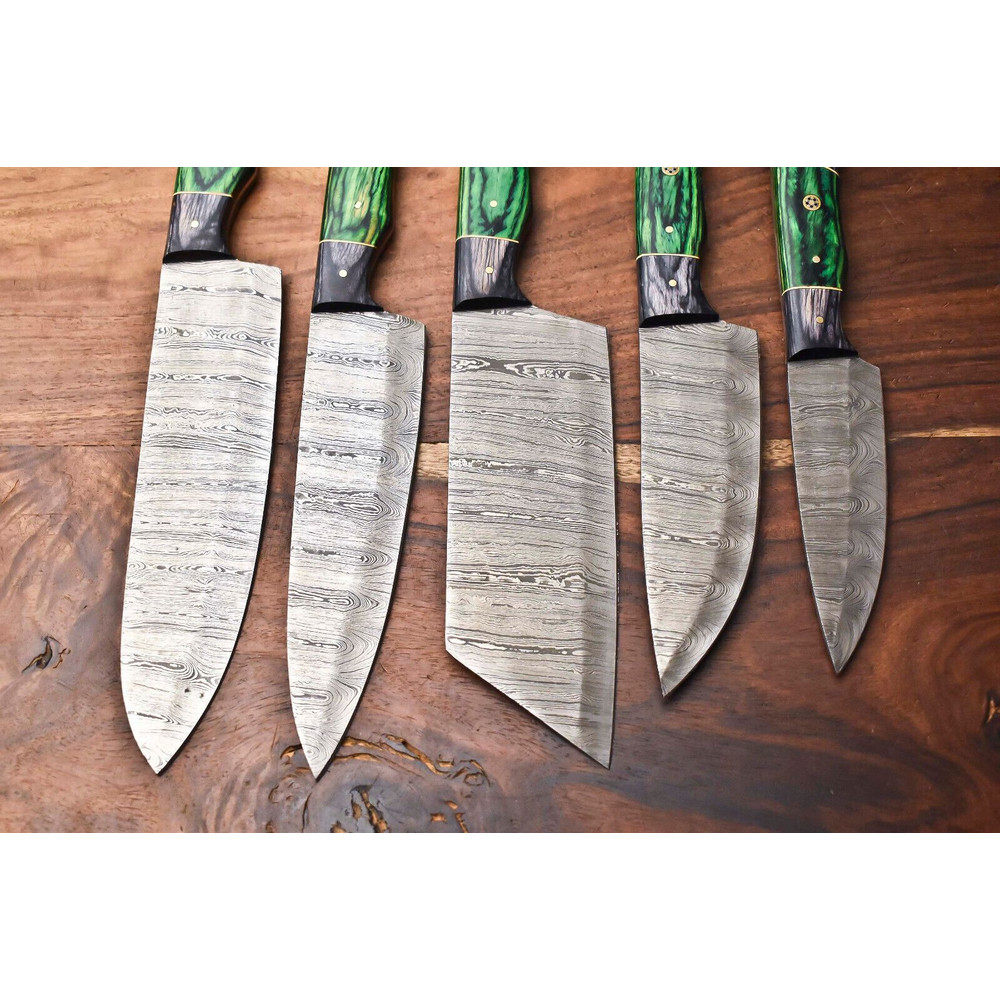 Lot Of 5 Handmade Damascus Steel Chef Knife Set With Leather Sheath Custom Hammered 3