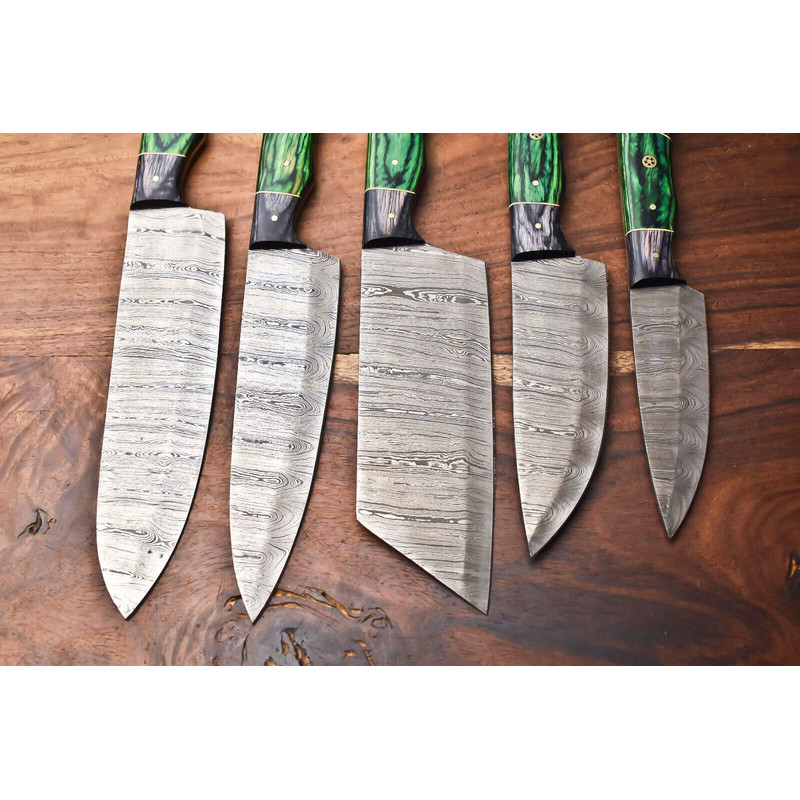 Lot Of 5 Handmade Damascus Steel Chef Knife Set With Leather Sheath Custom Hammered 3