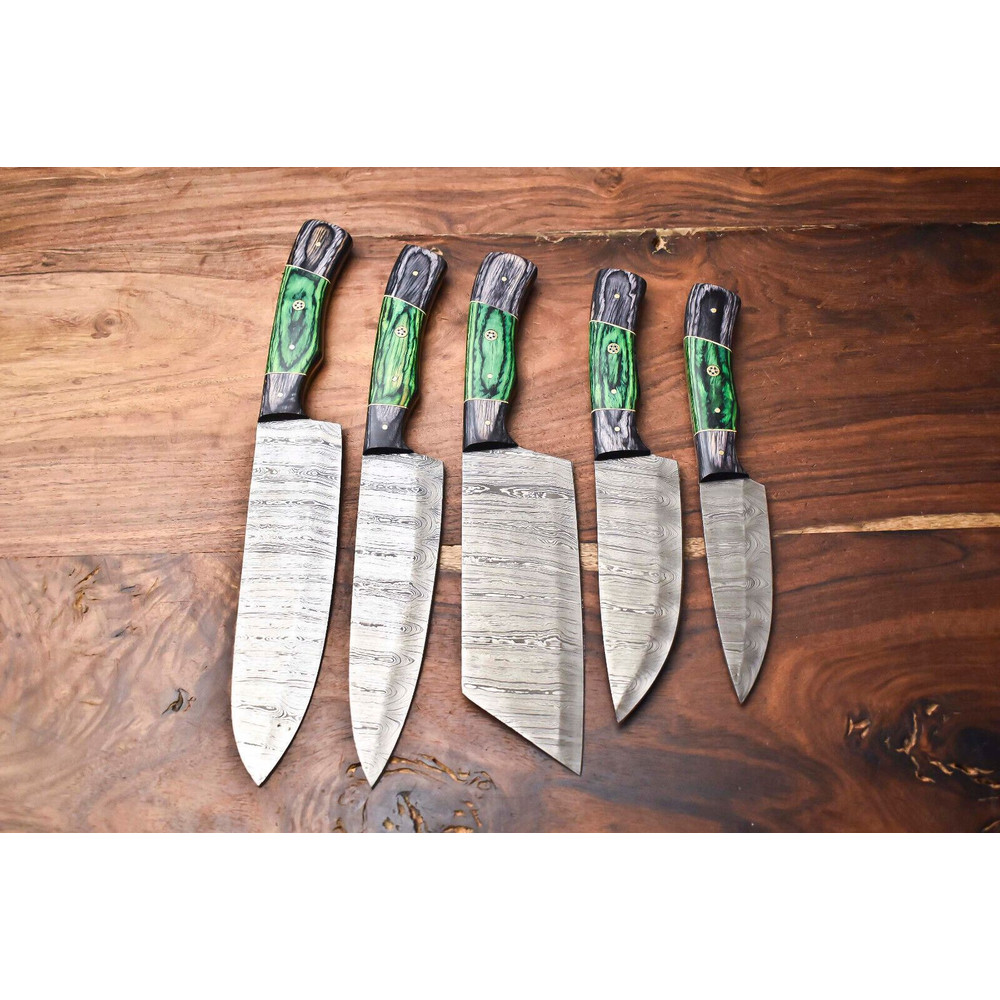 Lot Of 5 Handmade Damascus Steel Chef Knife Set With Leather Sheath Custom Hammered 0