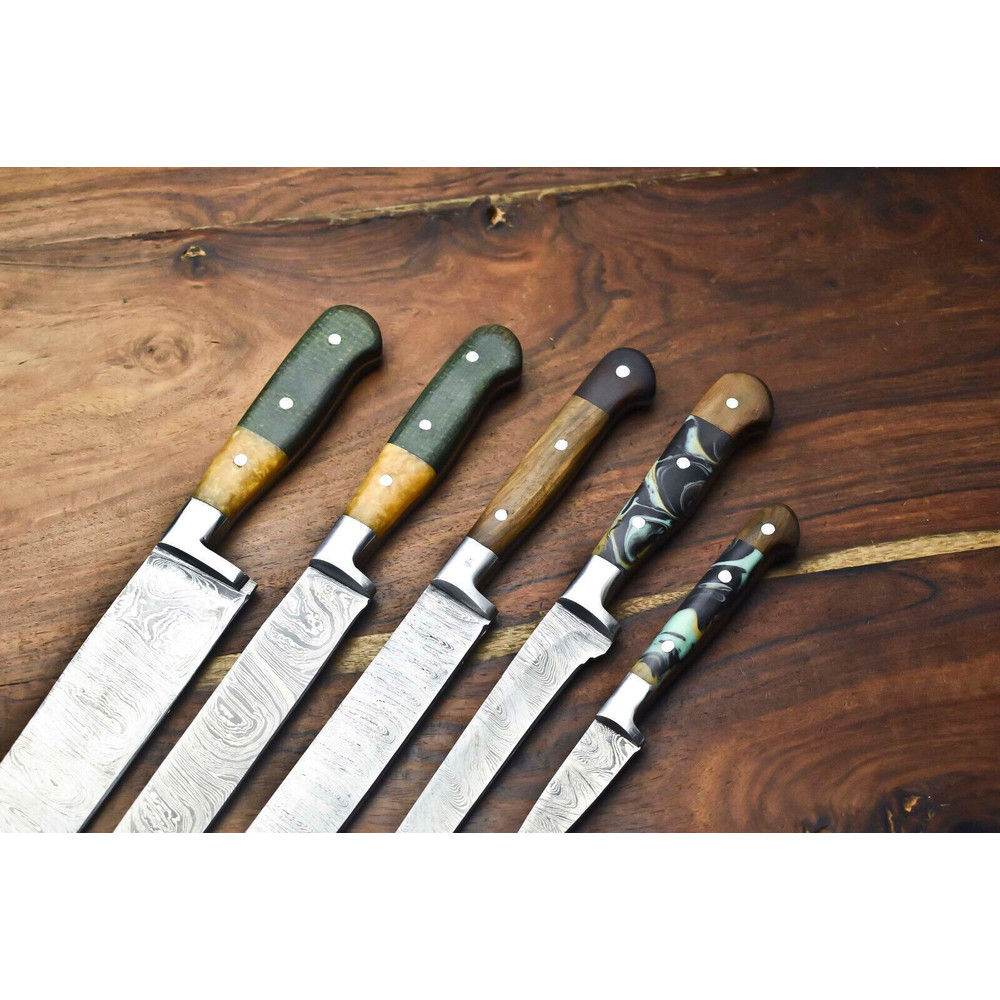 Custom Lot Of 5 Handmade Damascus Steel Chef Knives Hammered Kitchen Knife Set 1